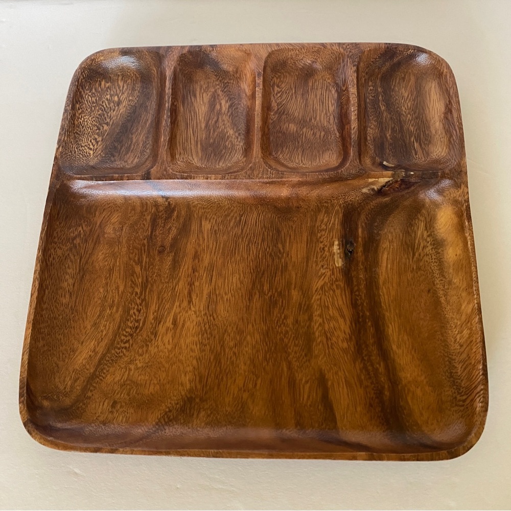 Vintage Wood Divided Serving Tray Decor Mid-Century Modern MCM Brown Square Dish